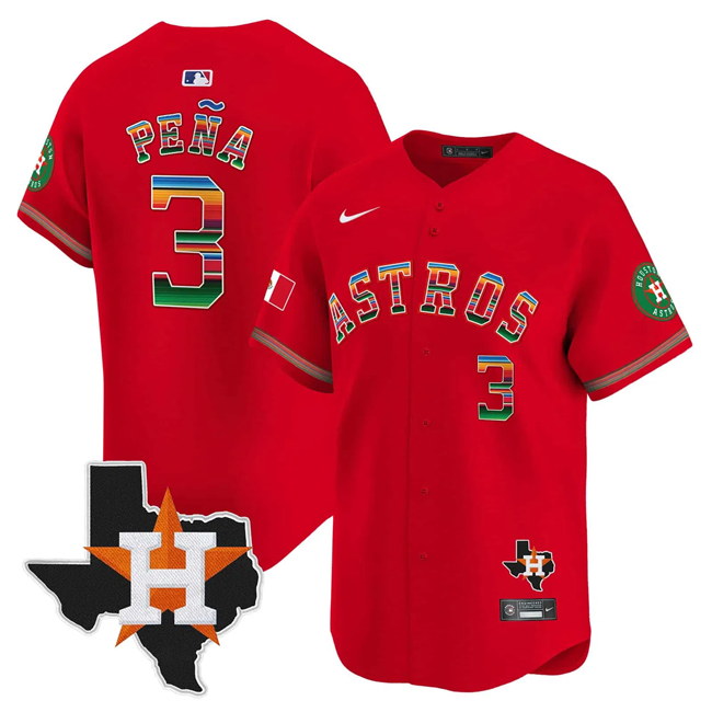 Men's Houston Astros #3 Jeremy Peña Red Mexico Texas Patch Vapor Premier Limited Stitched Baseball Jersey Men's Houston Astros #3 Jeremy Peña Red Mexico Texas Patch Vapor Premier Limited Stitched Baseball Jersey